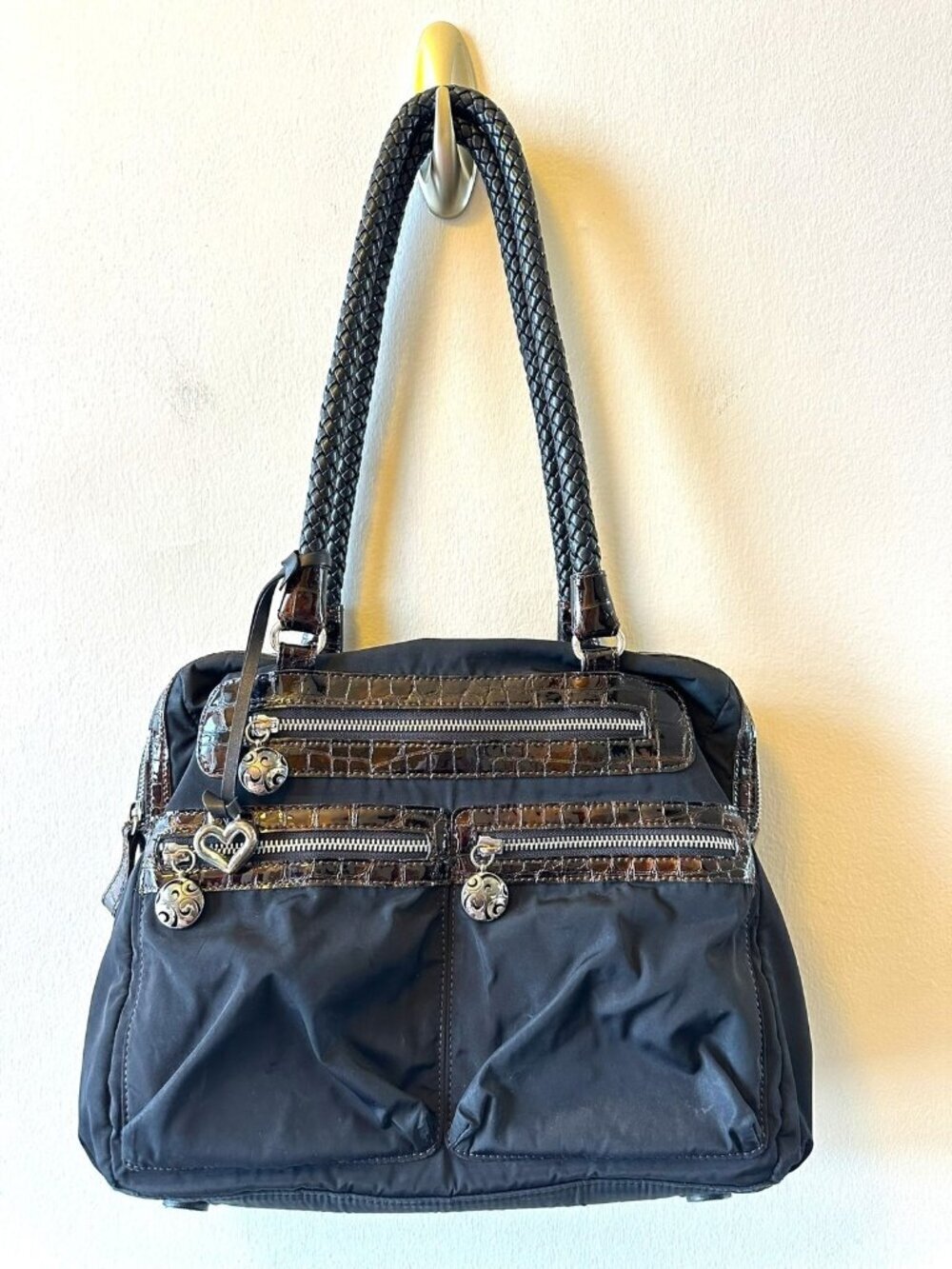 Brighton Billie Black Nylon Croc Embossed Leather Trim Organizer Shoulder Bag